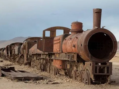 Rusting steam locomotives at the Uyuni train cemetery
